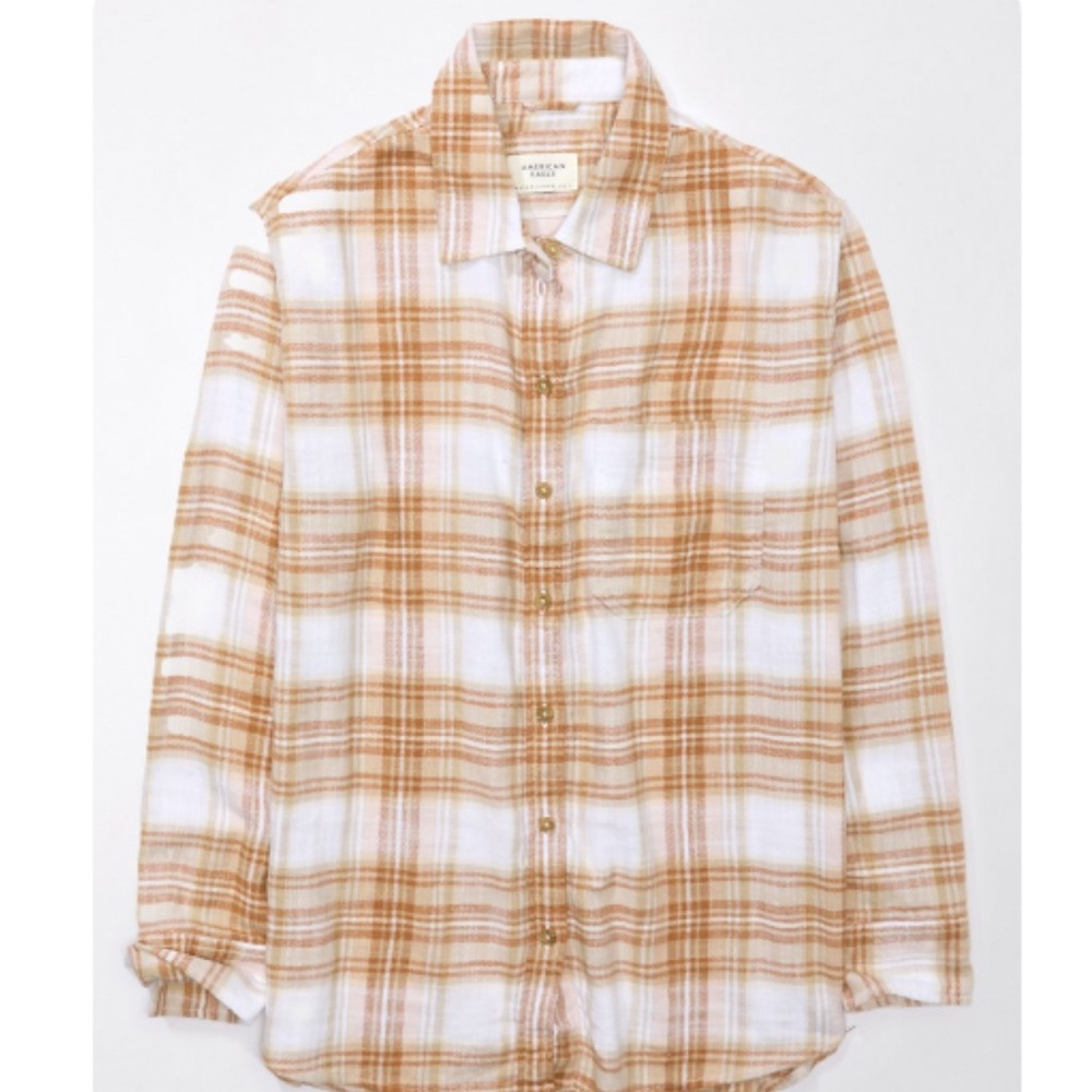 American Eagle Outfitters Plaid Button Down Shirt - Tan and White with Pant Set